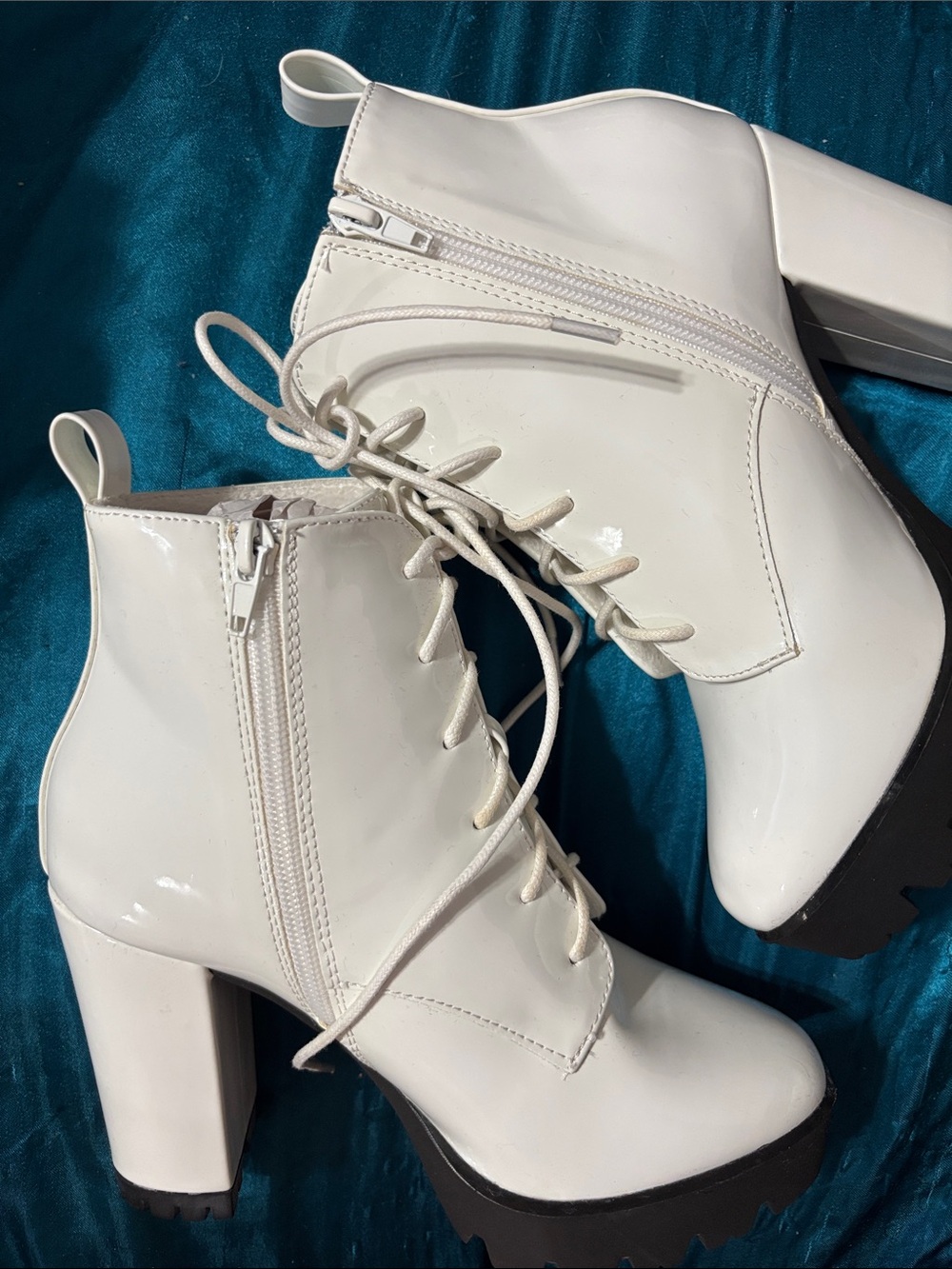 Allegra K White Patent Lace-Up Chunky Heel Ankle Boots